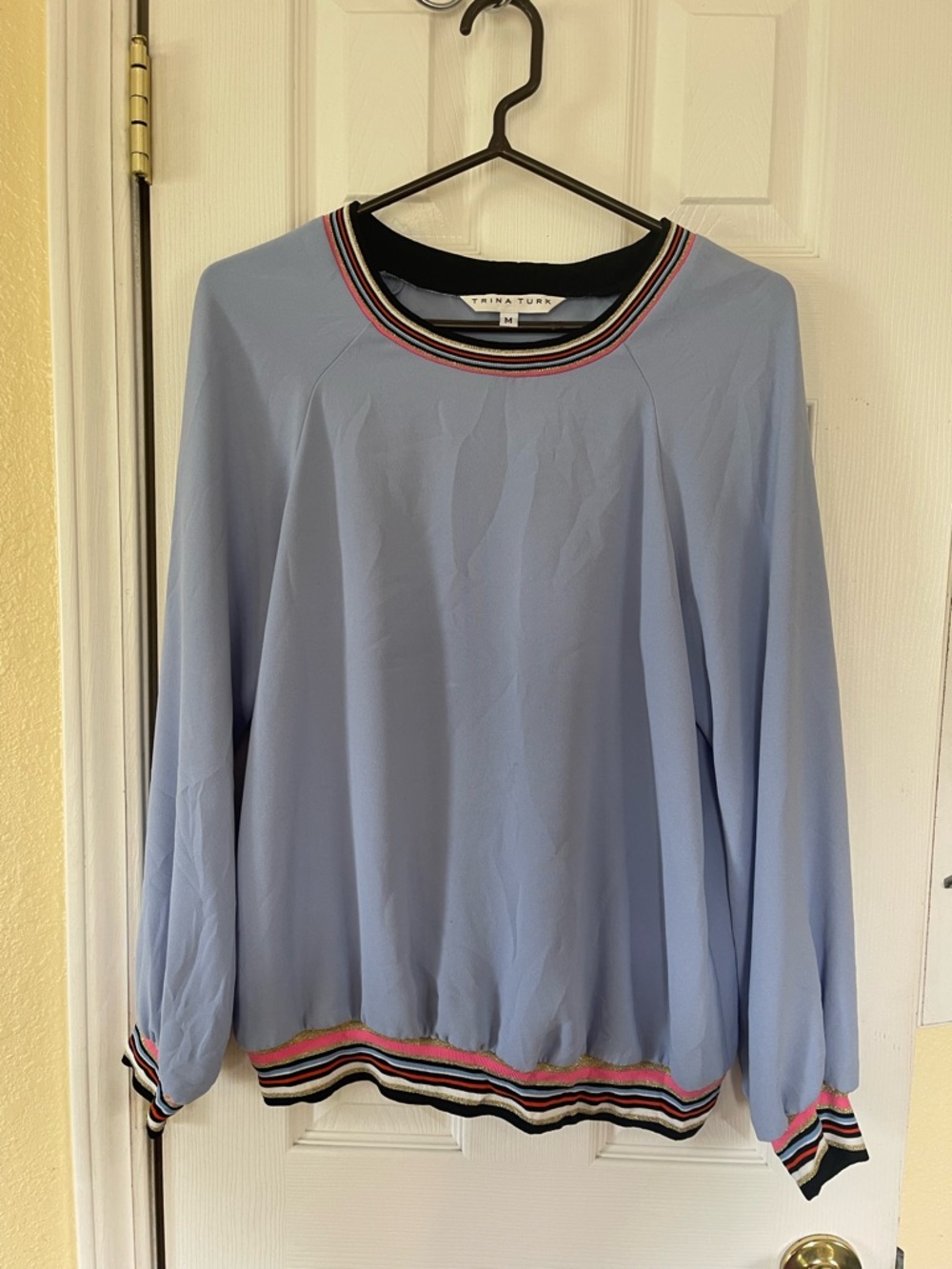 Trina Turk Light Blue Pullover with Multicolor Striped Ribbed Trim